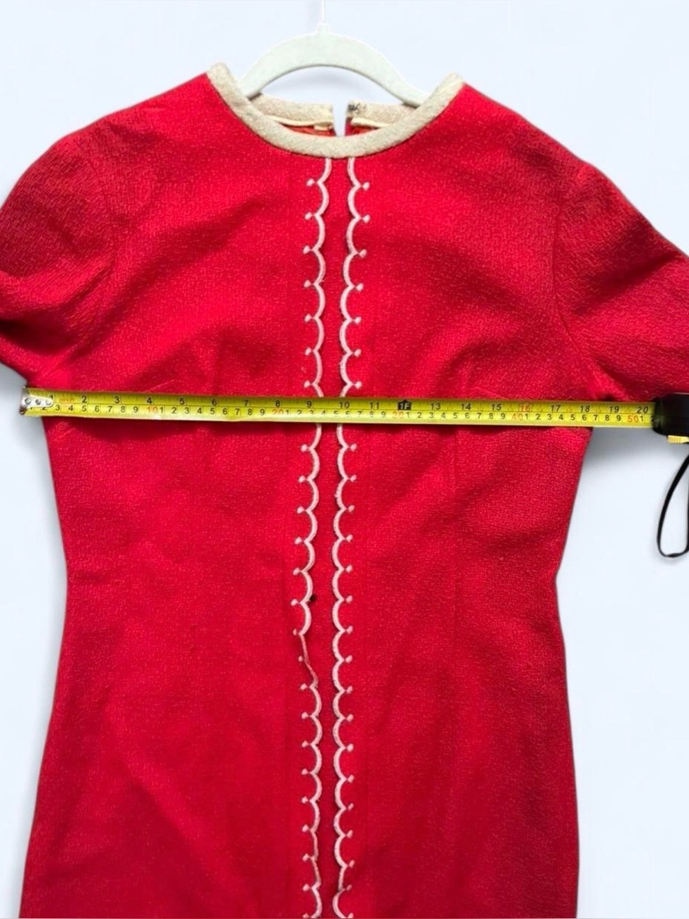 Vintage Red 100% Wool Scalloped Trim Retro Shift Dress Size 15 - Picture 6 of 7